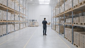Warehouse aisle with racking and a worker in the distance