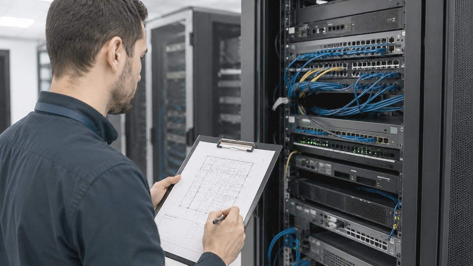 Técnico revisando un rack con planilla en mano