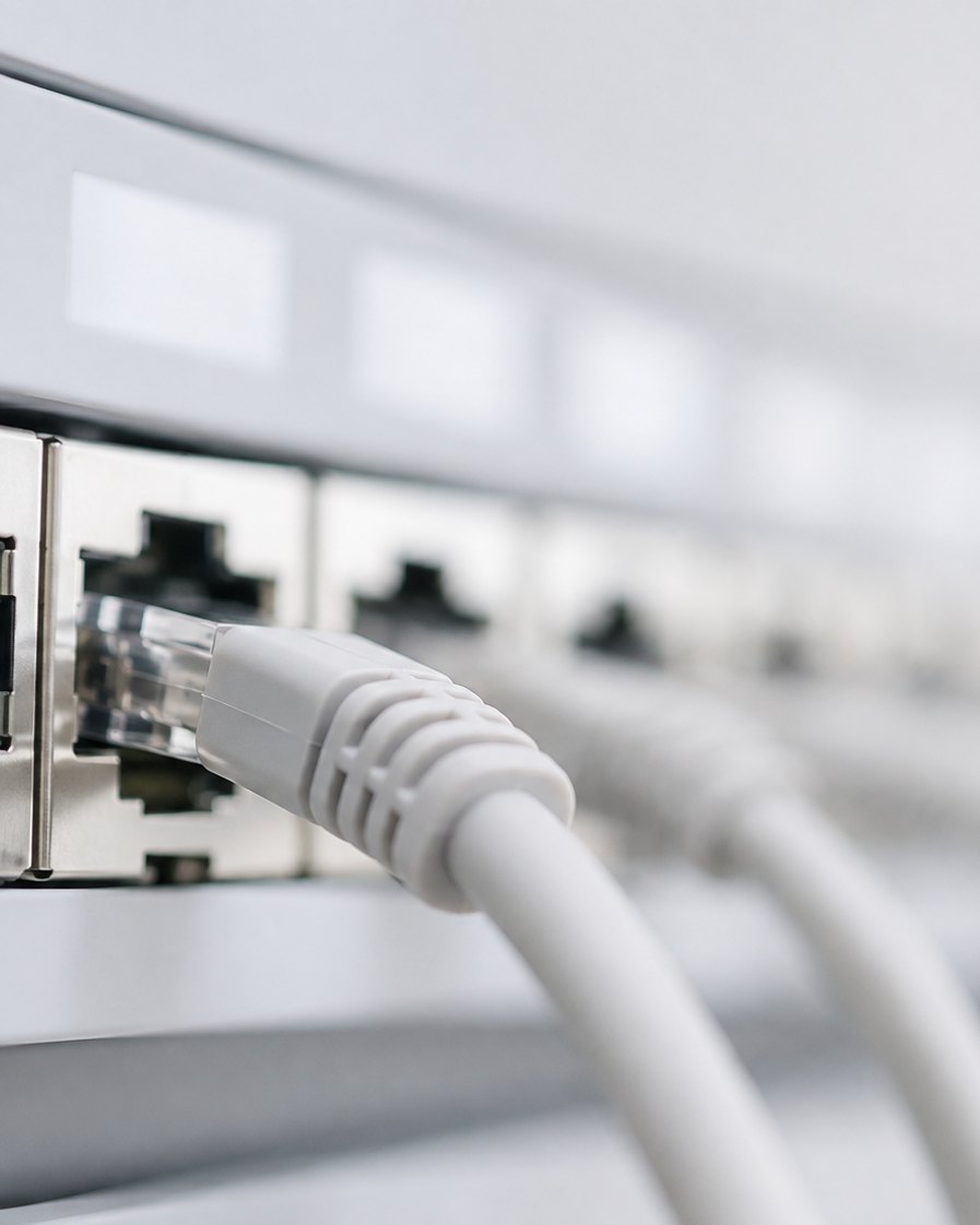 Hands terminating a Cat6 cable into a 24-port patch panel