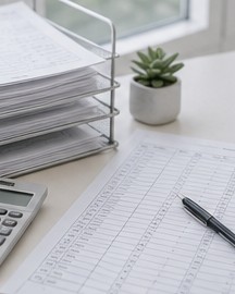Administrative desk stacked with paper order forms, a calculator and a marked-up printout